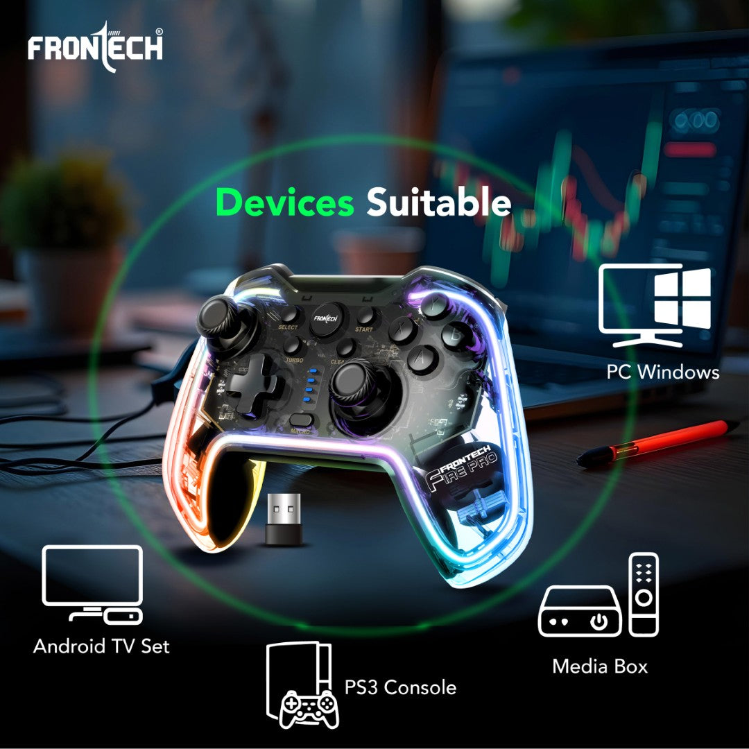 Frontech Fire Pro Wireless Gaming Pad | 2.4GHz, Dual Vibration, RGB | PS3/PC/Android TV (GP-0002) Frontech Fire Pro Wireless Gaming Pad | 2.4GHz, Dual Vibration, RGB | PS3/PC/Android TV (GP-0002)